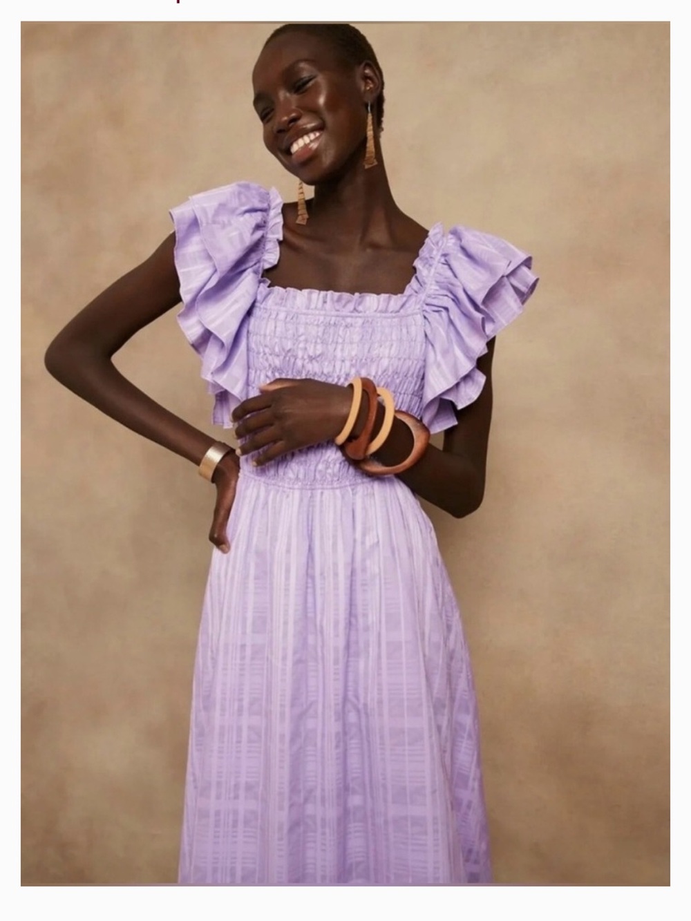 Banana Republic Lavender Lilac Ruffle-Sleeve Smocked Midi Dress - S